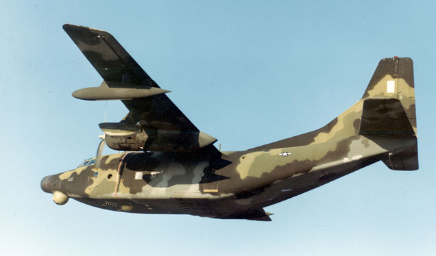 Fairchild NC-123K outfitted with infrared scanner, low-light level television, a laser range finder, and cluster bomb dispensers for use in Vietnam. (US Air Force)